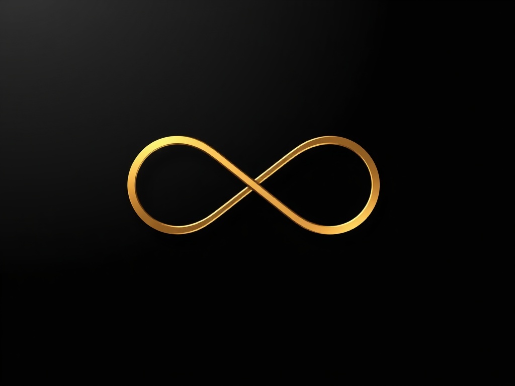 A sleek, minimal logo: a stylized infinity symbol blended with a cursor arrow, in pure gold on a dark gradient background. Photorealistic, 8k, metallic reflection.